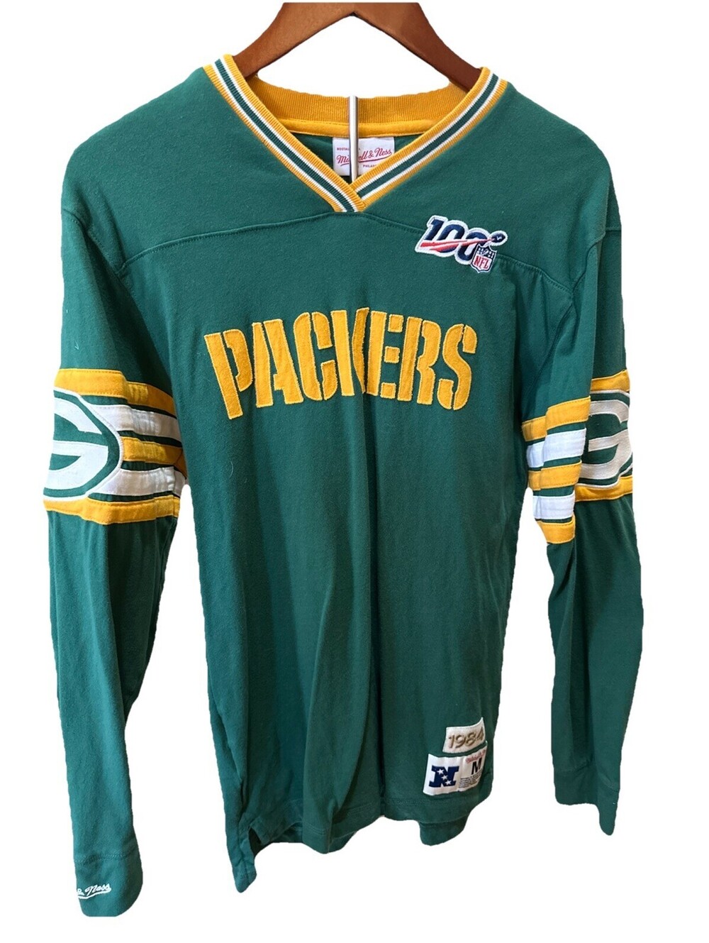 Green Bay Packers Mitchell & Ness Men's 1984 Retro Long Sleeve V-Neck 100th NFL